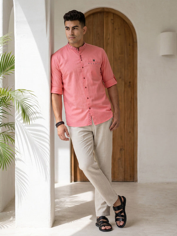 Kuons Avenue Men's Linen Cotton Indowestern Shirt - Rose Pink