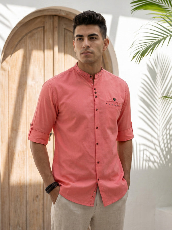 Kuons Avenue Men's Linen Cotton Indowestern Shirt - Rose Pink
