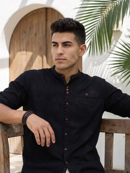 Kuons Avenue Men's Linen Cotton Indowestern Shirt - Black