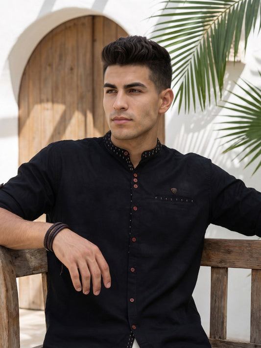 Kuons Avenue Men's Linen Cotton Indowestern Shirt - Black