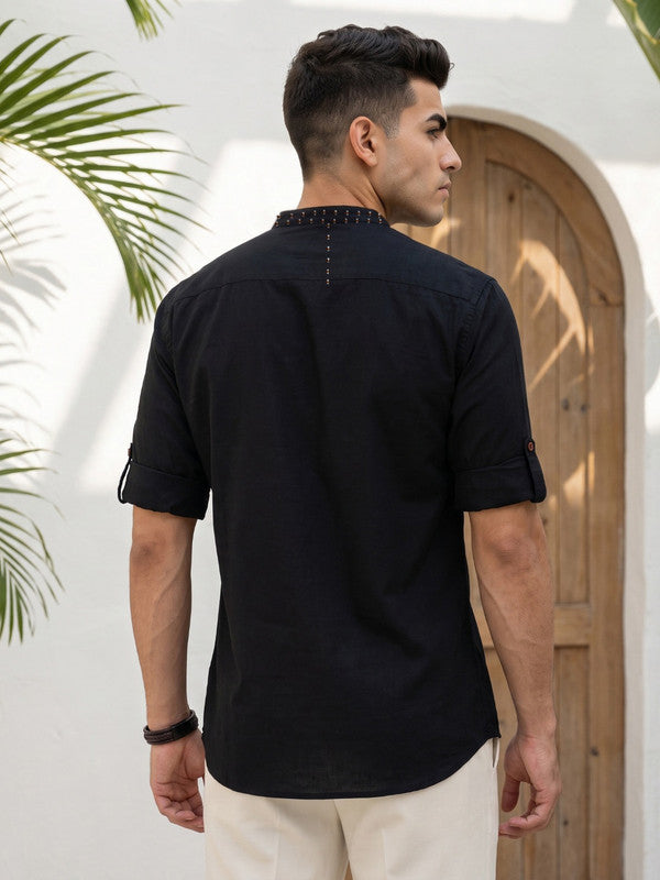 Kuons Avenue Men's Linen Cotton Indowestern Shirt - Black