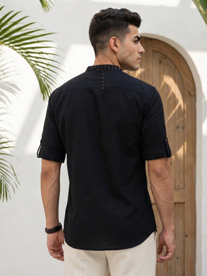Kuons Avenue Men's Linen Cotton Indowestern Shirt - Black
