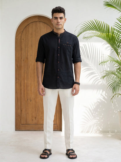 Kuons Avenue Men's Linen Cotton Indowestern Shirt - Black