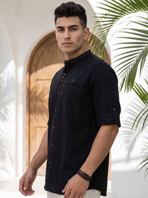Kuons Avenue Men's Linen Cotton Indowestern Shirt - Black