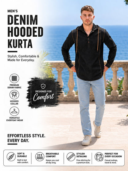 Kuons Avenue Men's Black Hooded Denim Kurta