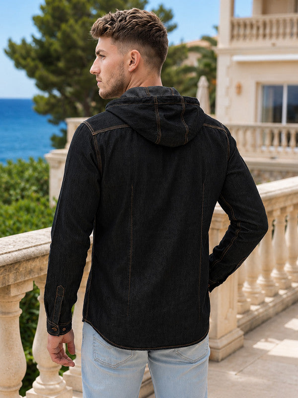 Kuons Avenue Men's Black Hooded Denim Kurta