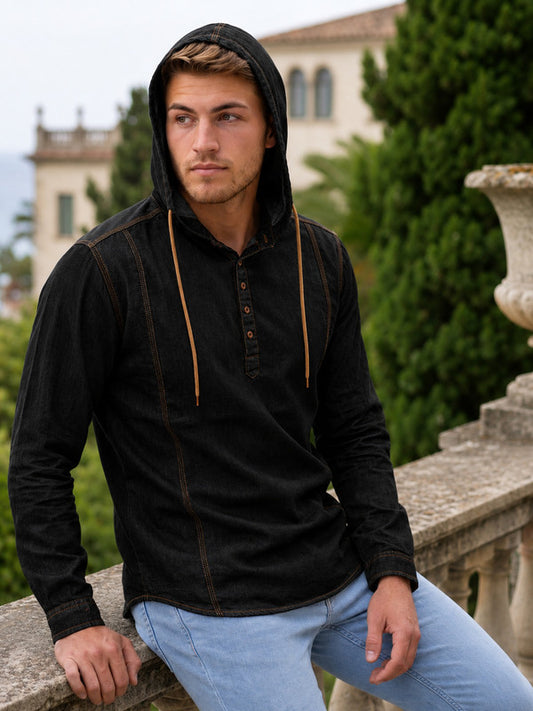 Kuons Avenue Men's Black Hooded Denim Kurta