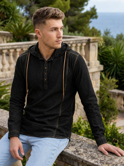 Kuons Avenue Men's Black Hooded Denim Kurta
