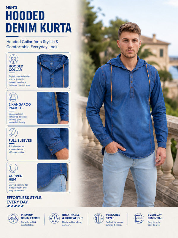 Kuons Avenue Men's Denimax Blue Hooded Denim Kurta