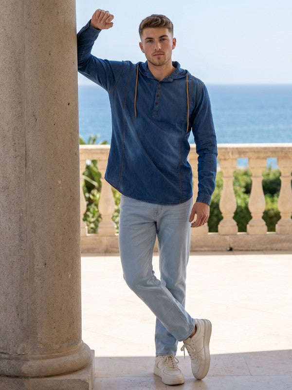 Kuons Avenue Men's Denimax Blue Hooded Denim Kurta