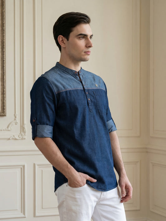 Kuons Avenue Men's Blue Indigo Denim Colorblock Tailored Fit Short Kurta