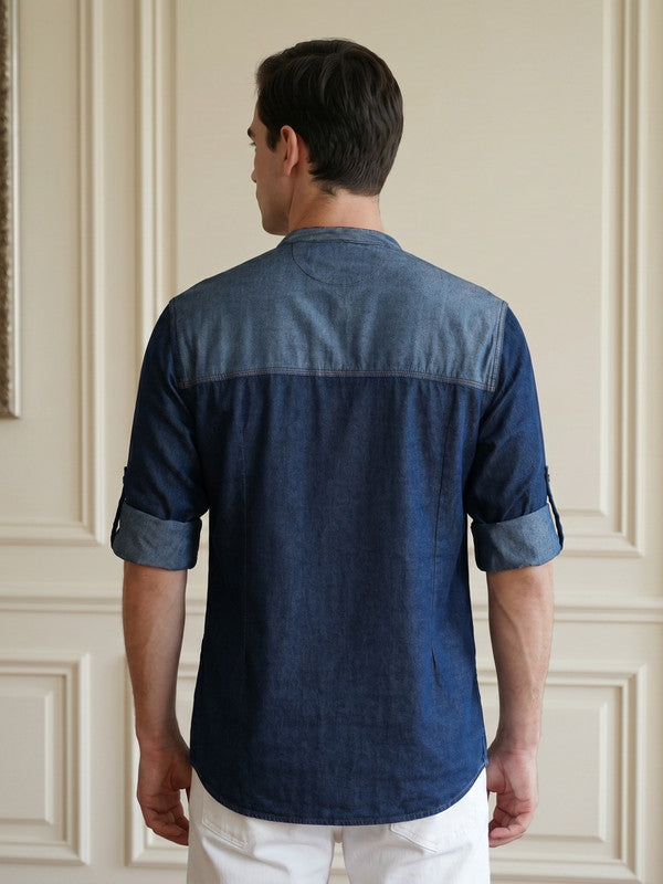 Kuons Avenue Men's Blue Indigo Denim Colorblock Tailored Fit Short Kurta