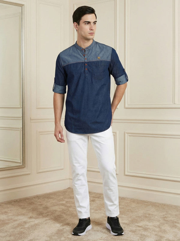 Kuons Avenue Men's Blue Indigo Denim Colorblock Tailored Fit Short Kurta