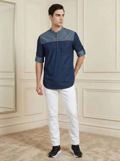 Kuons Avenue Men's Blue Indigo Denim Colorblock Tailored Fit Short Kurta
