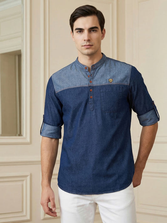 Kuons Avenue Men's Blue Indigo Denim Colorblock Tailored Fit Short Kurta