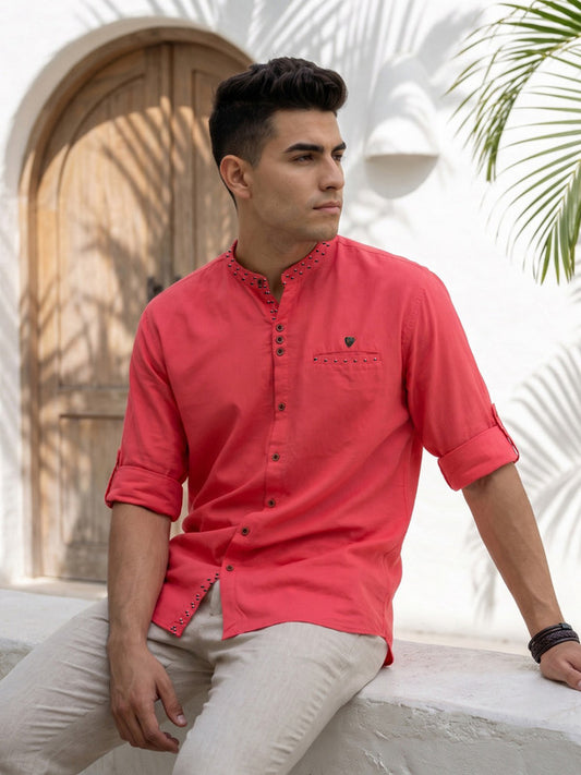 Kuons Avenue Men's Linen Cotton Indowestern Shirt - Salmon Pink