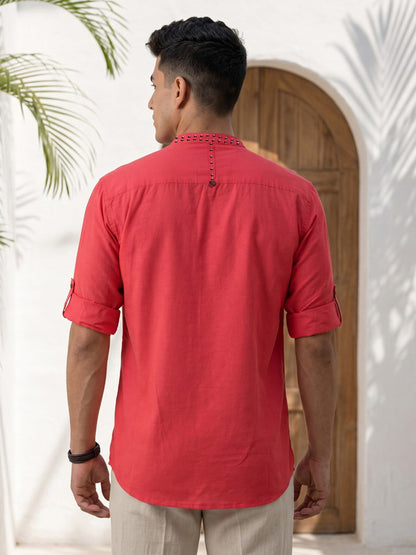 Kuons Avenue Men's Linen Cotton Indowestern Shirt - Salmon Pink