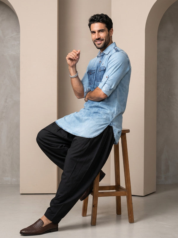 Kuons Avenue Men's Blue Cloud Denim Pathani Kurta