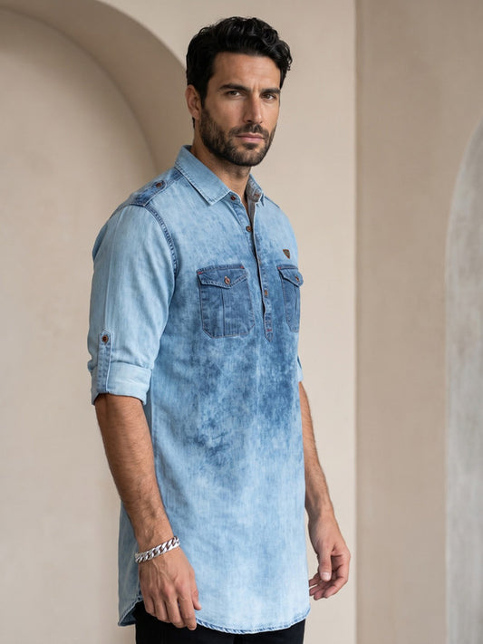 Kuons Avenue Men's Blue Cloud Denim Pathani Kurta