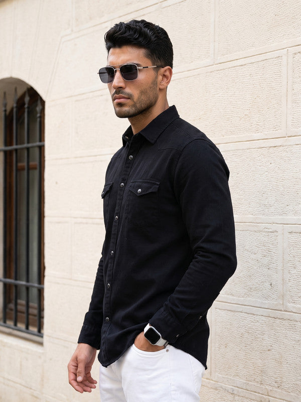 Kuons Avenue Men's Jet Black Denim Casual Shirt