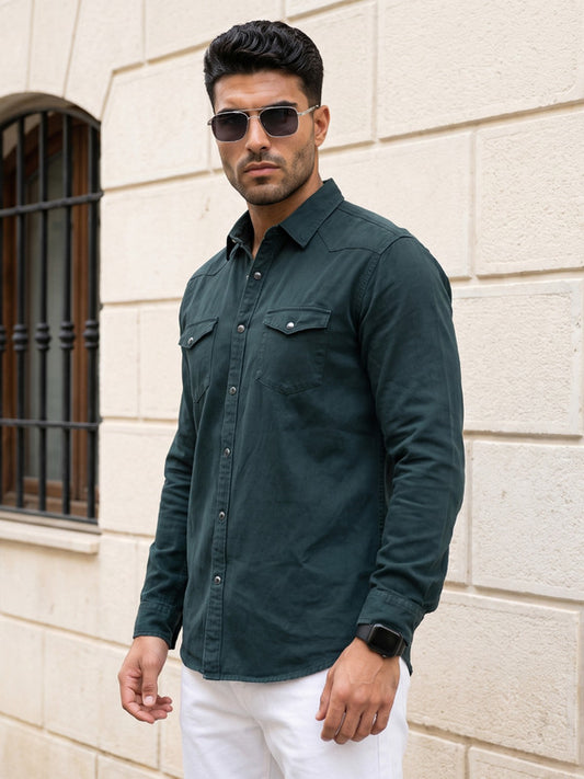 Kuons Avenue Men's Bottle Green Denim Casual Shirt