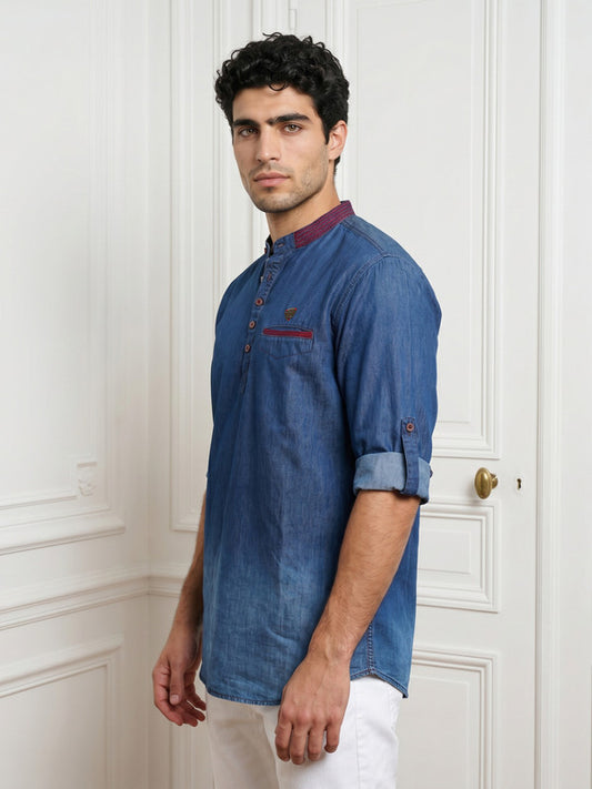 Kuons Avenue Men's Dark Blue Denim Ombre Tailored Fit Short Kurta