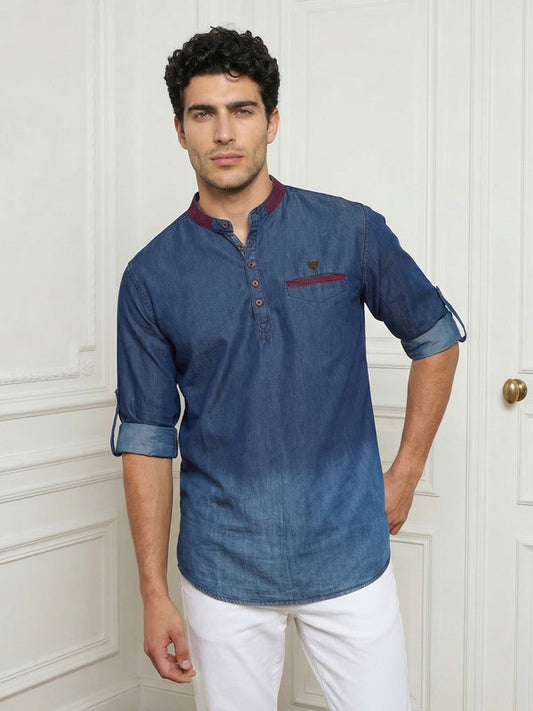 Kuons Avenue Men's Dark Blue Denim Ombre Tailored Fit Short Kurta
