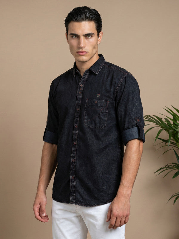 Kuons Men's Washed Black Denim Casual Shirt