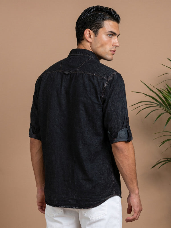 Kuons Men's Washed Black Denim Casual Shirt