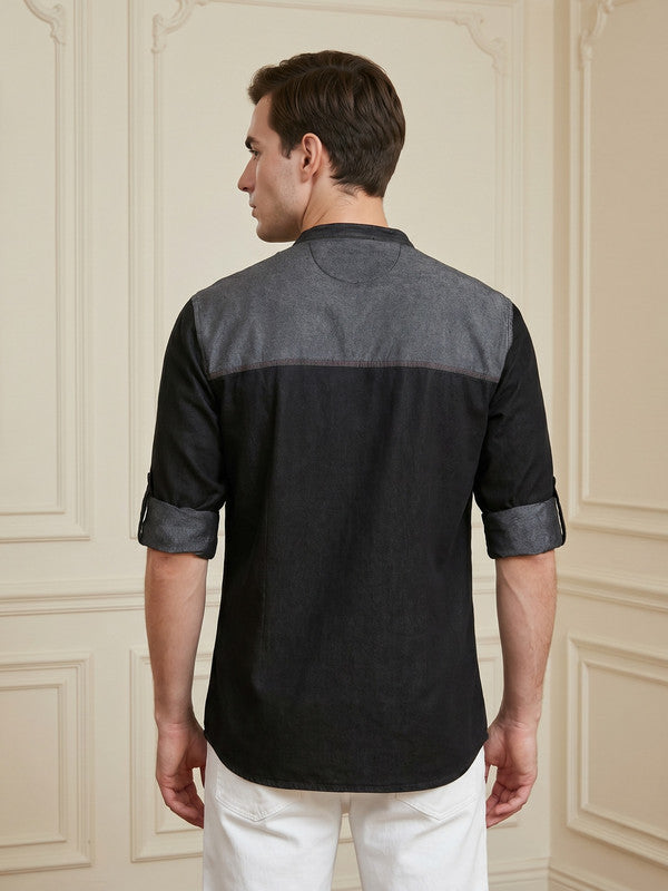 Kuons Avenue Men's Black Denim Colorblock Tailored Fit Short Kurta
