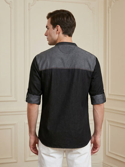Kuons Avenue Men's Black Denim Colorblock Tailored Fit Short Kurta