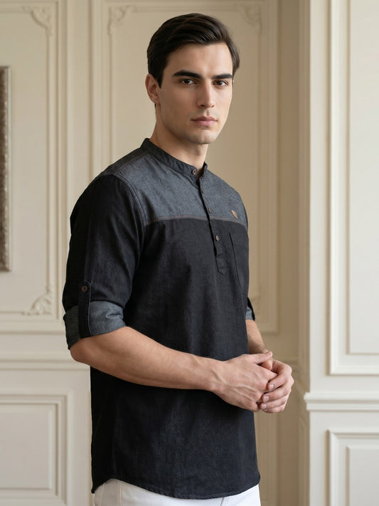 Kuons Avenue Men's Black Denim Colorblock Tailored Fit Short Kurta