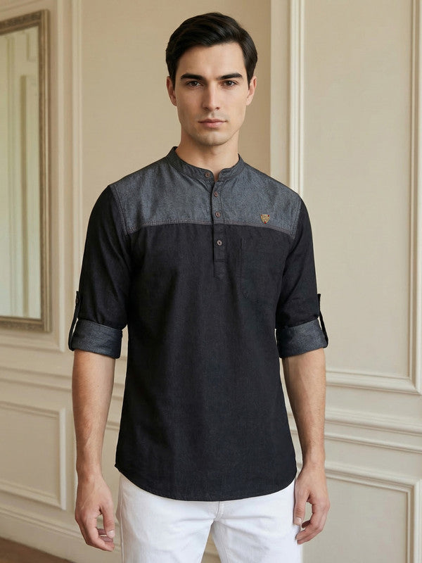 Kuons Avenue Men's Black Denim Colorblock Tailored Fit Short Kurta