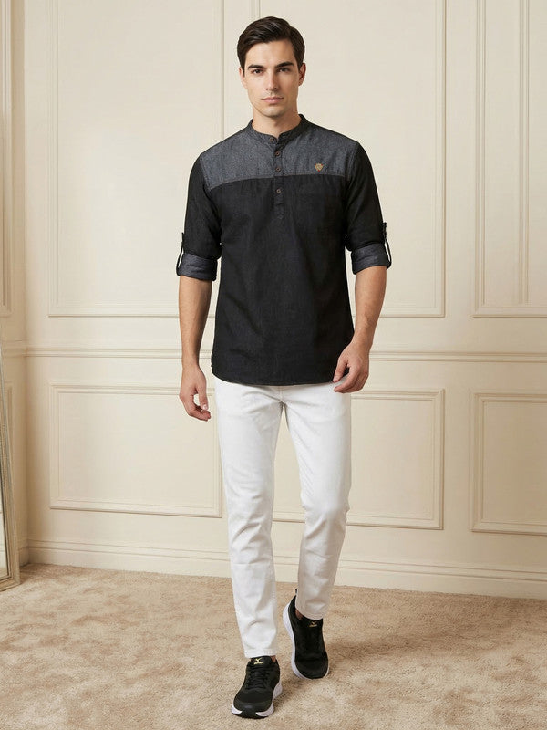Kuons Avenue Men's Black Denim Colorblock Tailored Fit Short Kurta