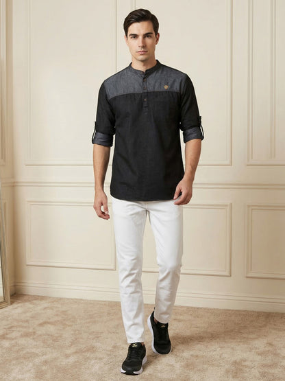 Kuons Avenue Men's Black Denim Colorblock Tailored Fit Short Kurta