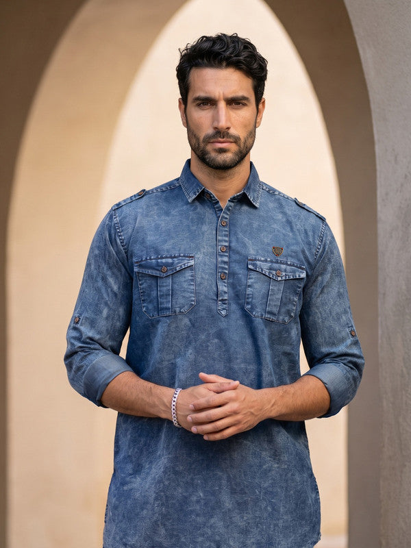 Kuons Avenue Men's Cloud Black Denim Pathani Kurta
