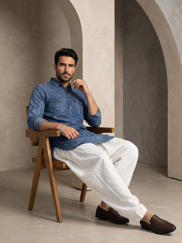 Kuons Avenue Men's Cloud Black Denim Pathani Kurta