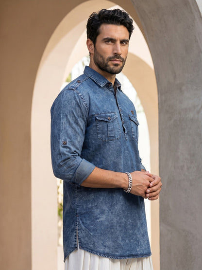 Kuons Avenue Men's Cloud Black Denim Pathani Kurta
