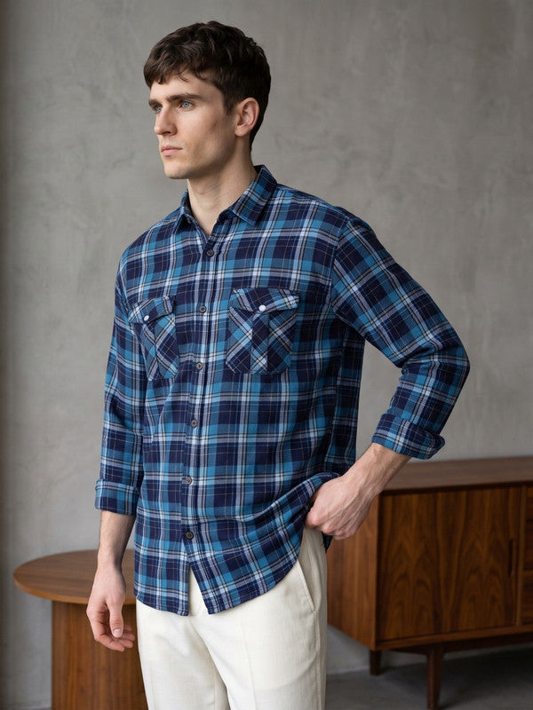Kuons Avenue Men's Teal Blue Cotton Flannel Checks Casual Shirt
