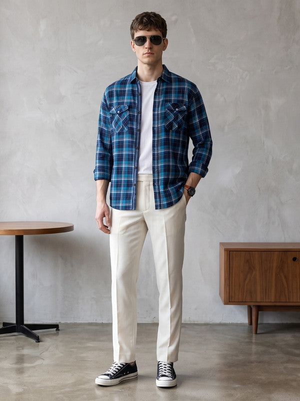 Kuons Avenue Men's Teal Blue Cotton Flannel Checks Casual Shirt