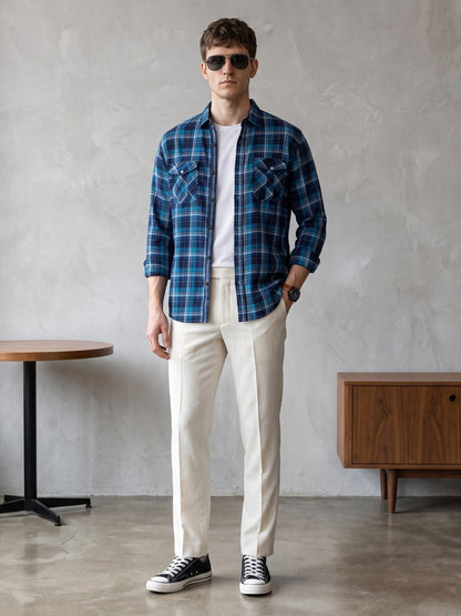 Kuons Avenue Men's Teal Blue Cotton Flannel Checks Casual Shirt