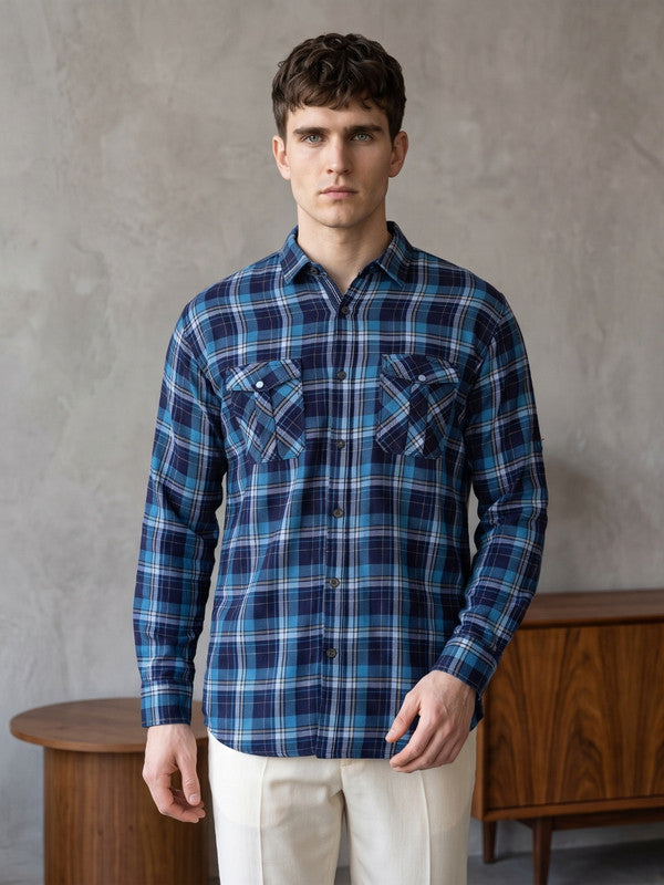 Kuons Avenue Men's Teal Blue Cotton Flannel Checks Casual Shirt