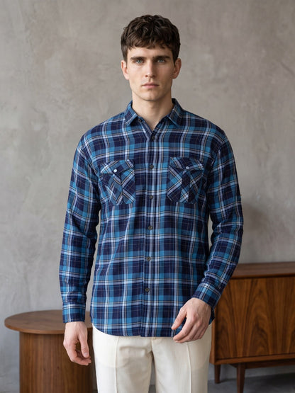 Kuons Avenue Men's Teal Blue Cotton Flannel Checks Casual Shirt