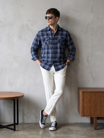 Kuons Avenue Men's Steel Grey Cotton Flannel Checks Casual Shirt