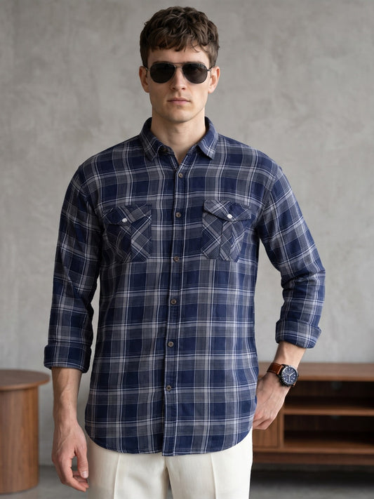Kuons Avenue Men's Steel Grey Cotton Flannel Checks Casual Shirt