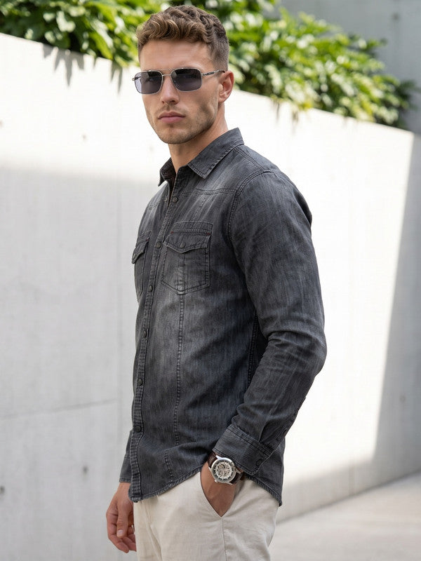 Kuons Avenue Men’s Dark Charcoal Black Denim Casual Shirt
