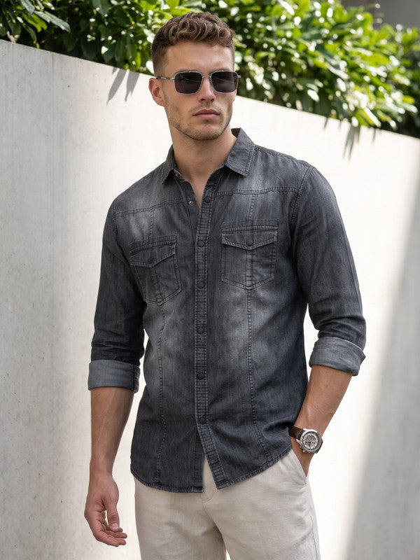 Kuons Avenue Men’s Dark Charcoal Black Denim Casual Shirt