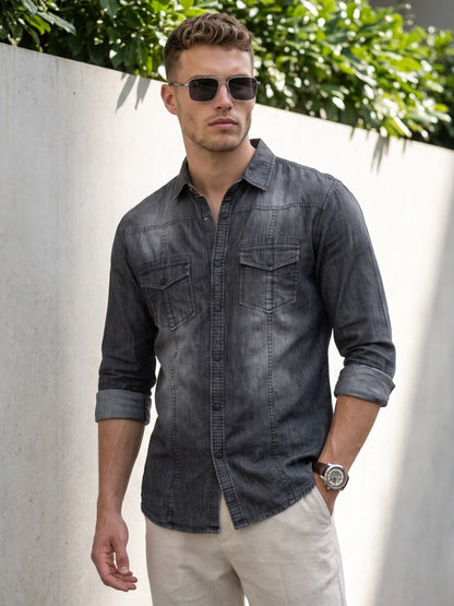 Kuons Avenue Men’s Dark Charcoal Black Denim Casual Shirt