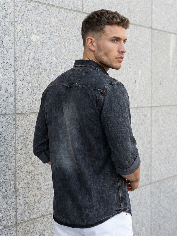 Kuons Men's Charcoal Black Regular Fit Denim Casual Shirt