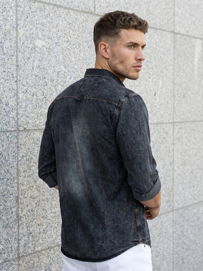 Kuons Men's Charcoal Black Regular Fit Denim Casual Shirt